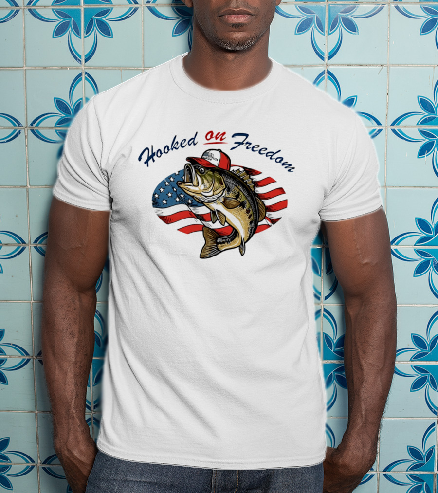 Hooked On Freedom Fish American Flag T-Shirt