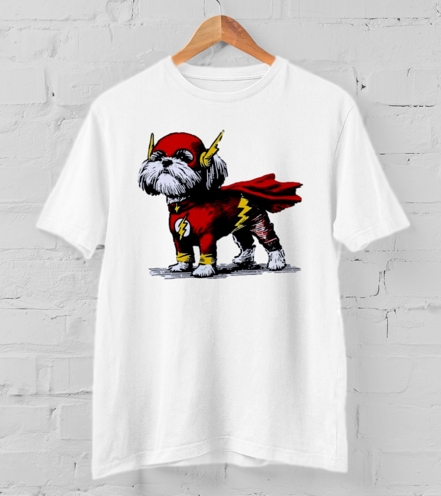 Shih Tzu Dog In The Flash Superhero Costume With Lightning Bolt T-Shirt