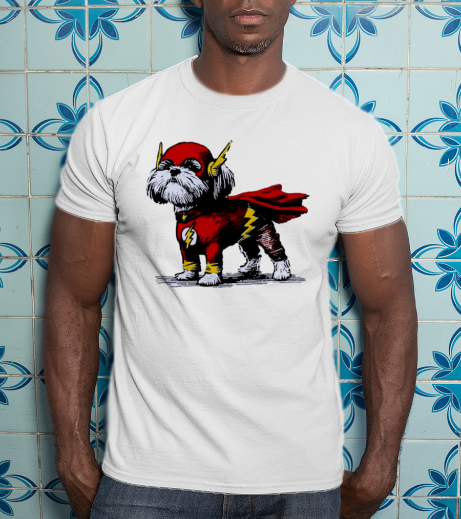 Shih Tzu Dog In The Flash Superhero Costume With Lightning Bolt T-Shirt