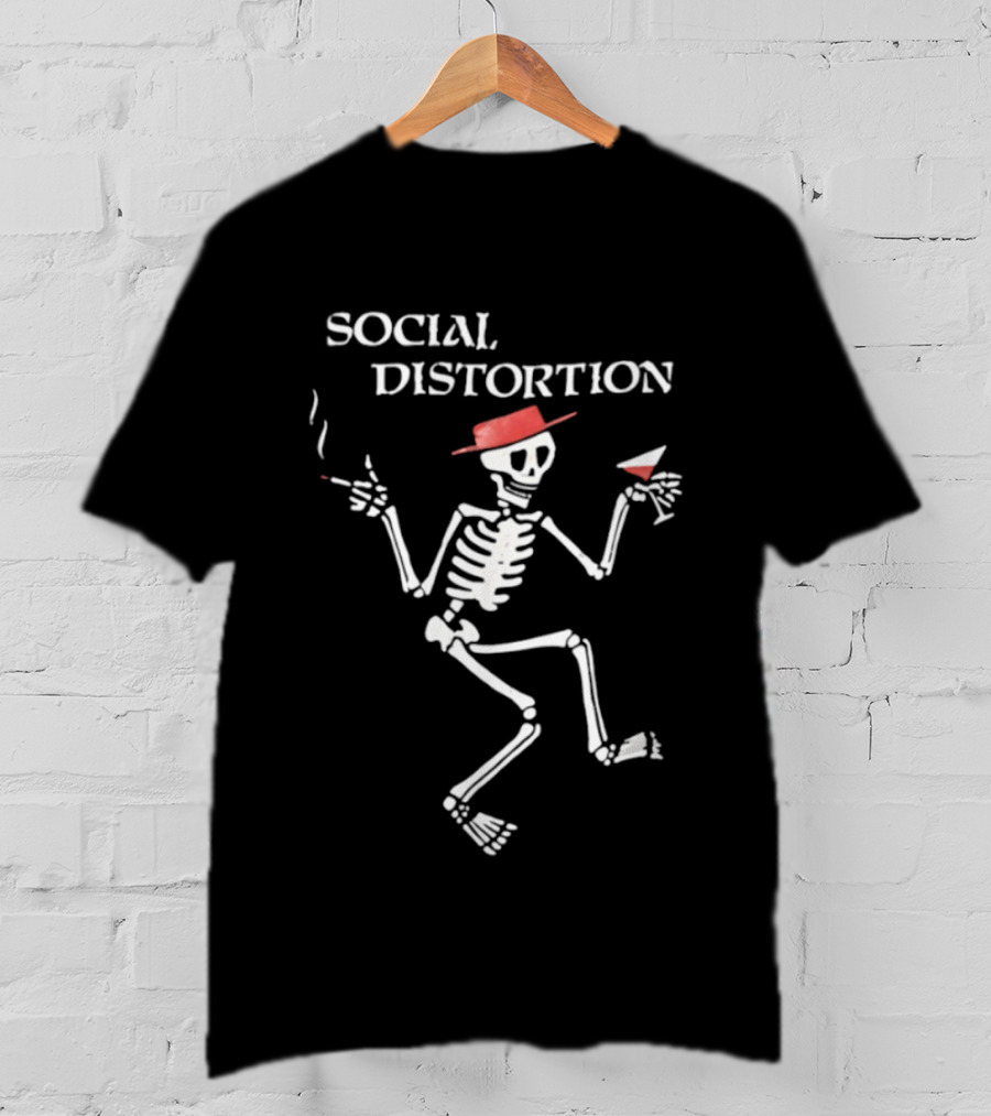 Social Distortion Skeleton Smoking Martini Red Hat T-Shirt