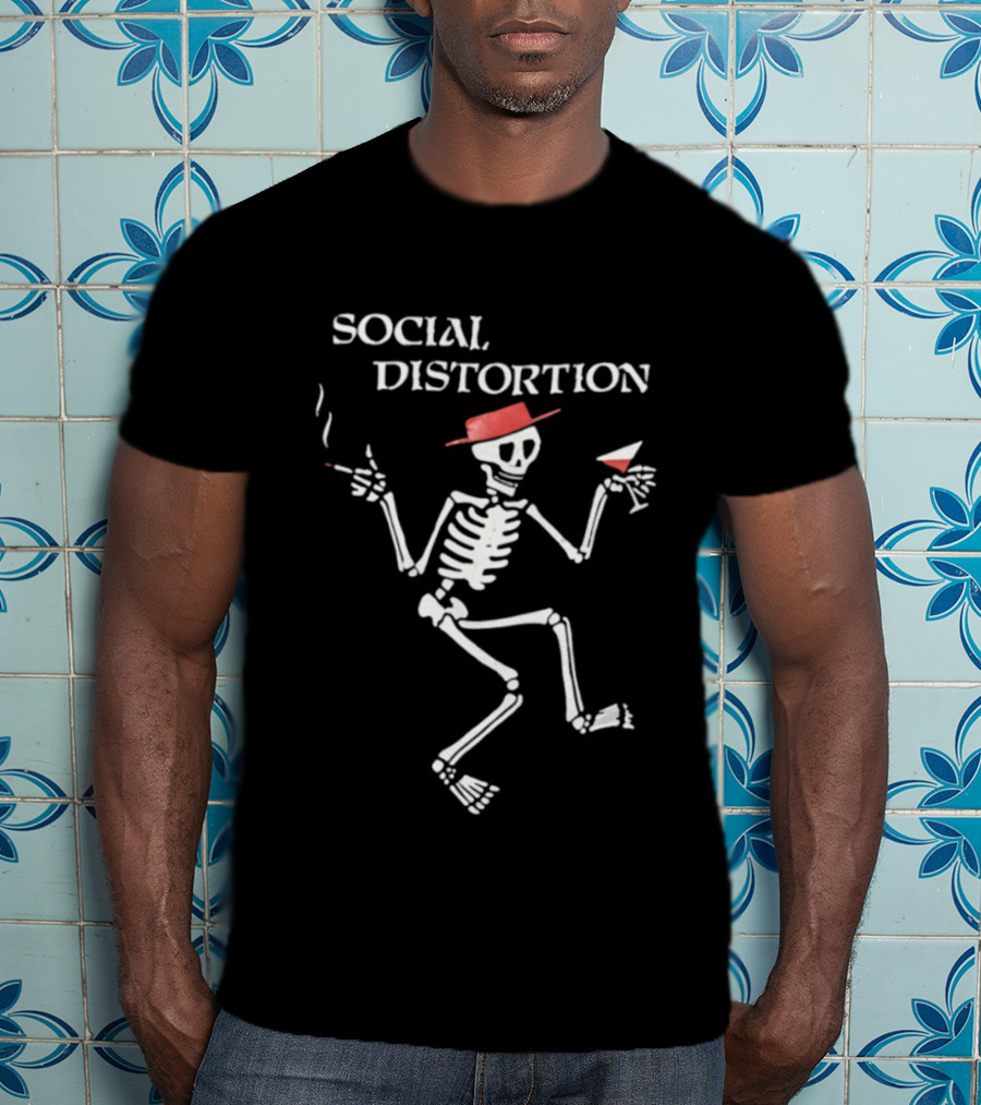 Social Distortion Skeleton Smoking Martini Red Hat T-Shirt