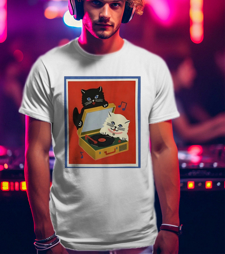 Alley Cats With Record Player And Musical Notes T-Shirt