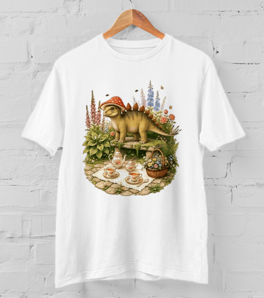 Baby Stegosaurus Wearing Red Mushroom Hat With Vintage Tea Party Garden Scene T-Shirt