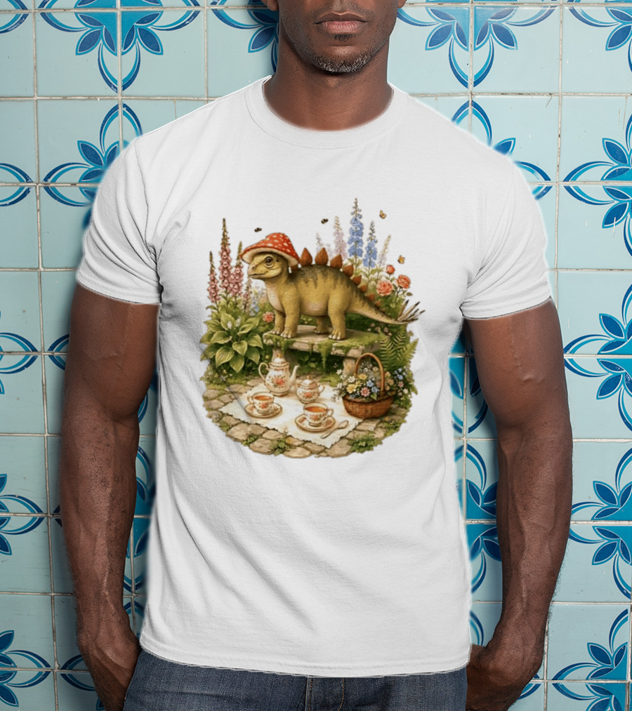 Baby Stegosaurus Wearing Red Mushroom Hat With Vintage Tea Party Garden Scene T-Shirt