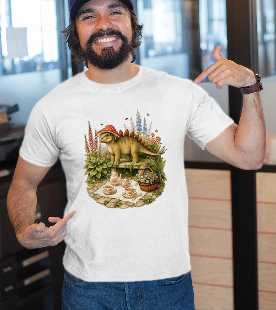 Baby Stegosaurus Wearing Red Mushroom Hat With Vintage Tea Party Garden Scene T-Shirt