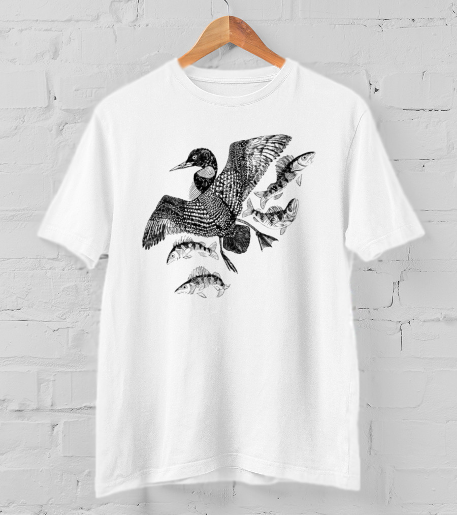 Common Loon And Fish Nature Scene Black T-Shirt