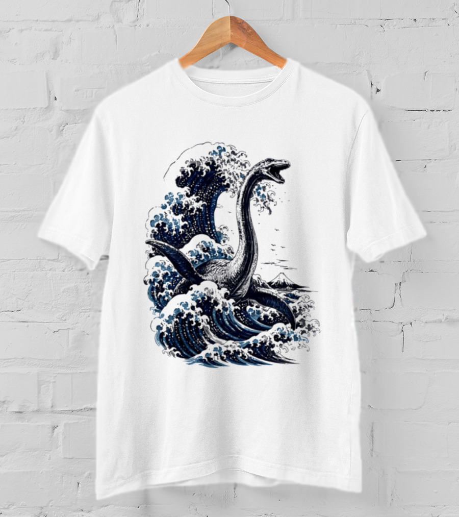 Great Wave Off Kanagawa Loch Ness Monster Mount Fuji Fusion T-Shirt