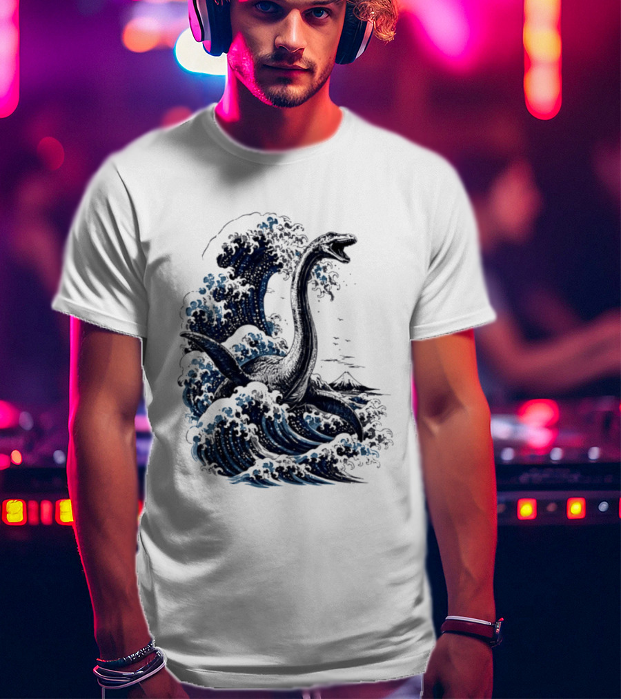 Great Wave Off Kanagawa Loch Ness Monster Mount Fuji Fusion T-Shirt