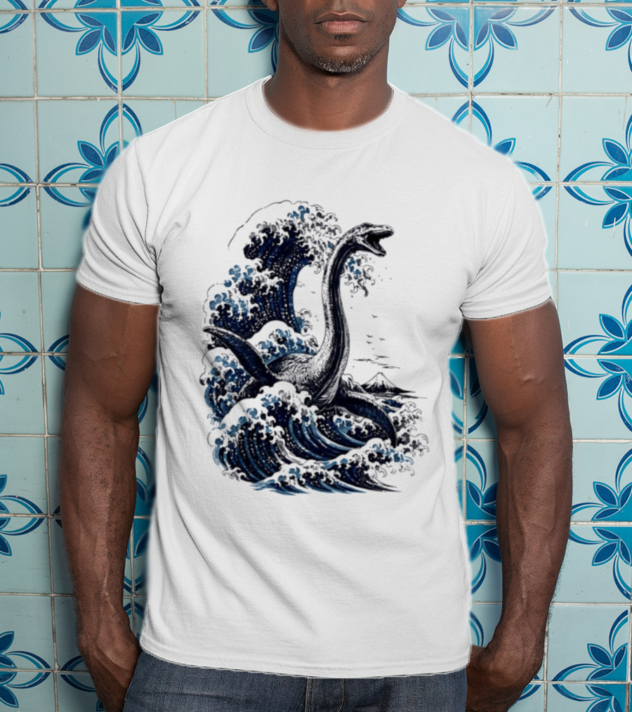 Great Wave Off Kanagawa Loch Ness Monster Mount Fuji Fusion T-Shirt