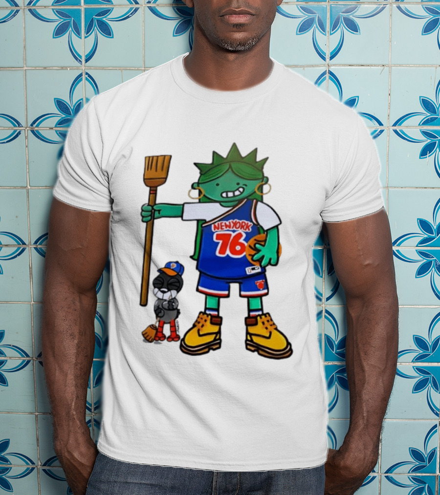 New York 76 Knicks Statue Liberty Broom Basketball 2024 T-Shirt