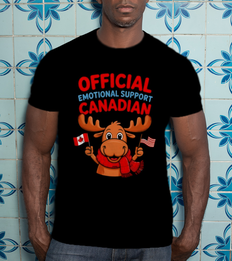 Official Emotional Support Canadian Moose With Canadian And American Flags T-Shirt