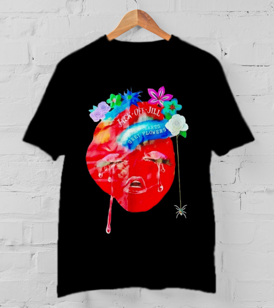 Jack Off Jill Clear Hearts Grey Flowers Crying Face With Colorful Floral Accents T-Shirt
