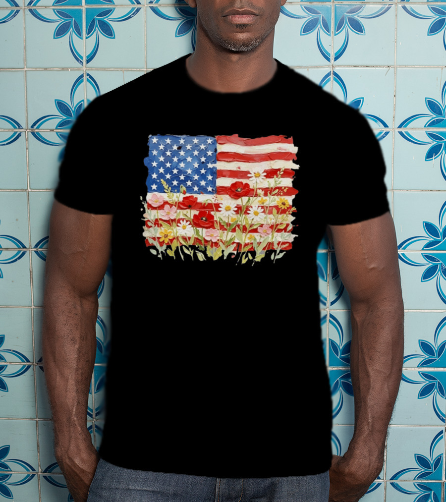 Floral American Flag With Impasto Texture And Flowers T-Shirt