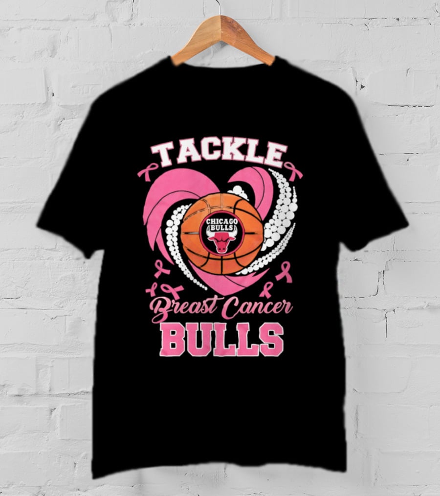Tackle Breast Cancer Bulls Heart Pink Ribbons T-Shirt