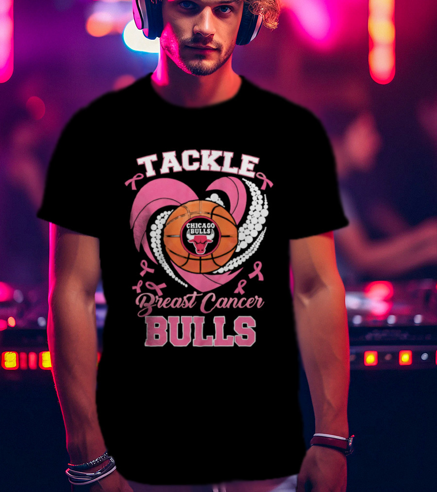 Tackle Breast Cancer Bulls Heart Pink Ribbons T-Shirt