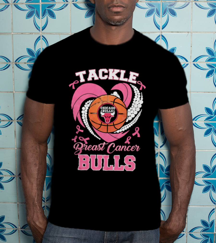 Tackle Breast Cancer Bulls Heart Pink Ribbons T-Shirt