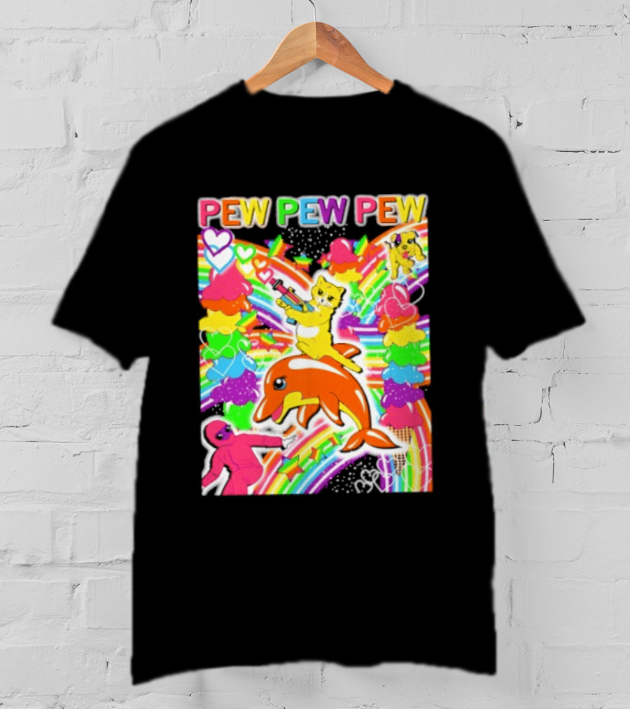 Pew Pew Pew Rainbow Pride Fun With Colorful Dolphins And Hearts T-Shirt