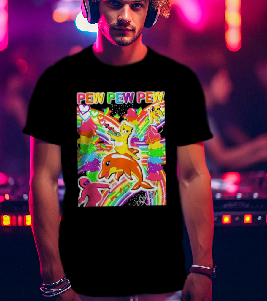 Pew Pew Pew Rainbow Pride Fun With Colorful Dolphins And Hearts T-Shirt