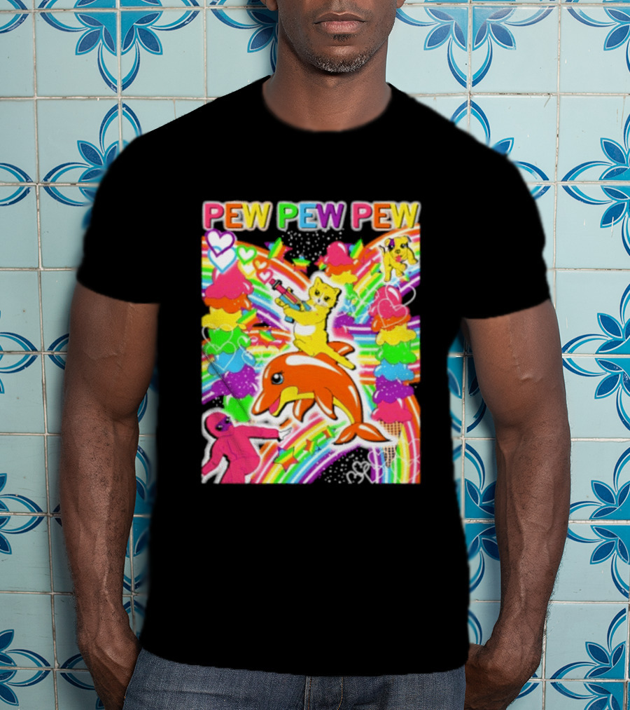 Pew Pew Pew Rainbow Pride Fun With Colorful Dolphins And Hearts T-Shirt