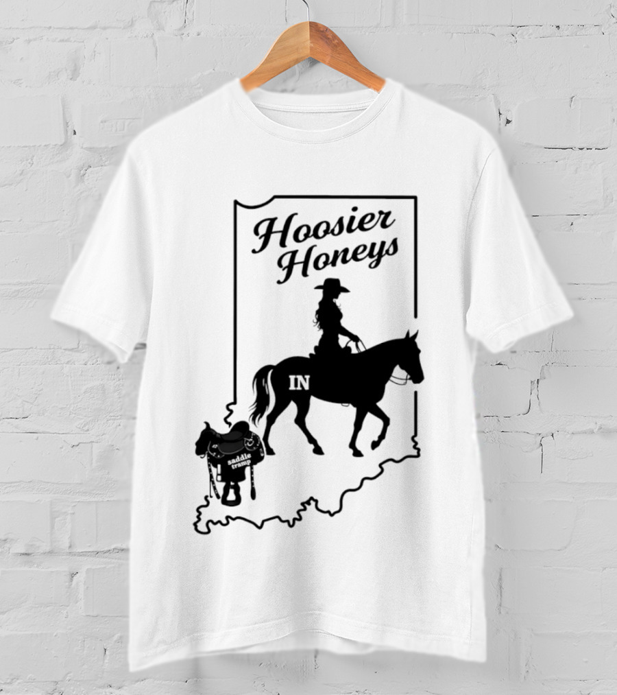 Hoosier Honeys Saddle Tramp Indiana State Map IN Horseback T-Shirt