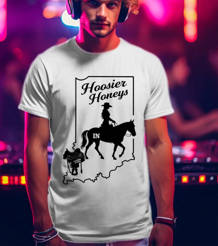Hoosier Honeys Saddle Tramp Indiana State Map IN Horseback T-Shirt