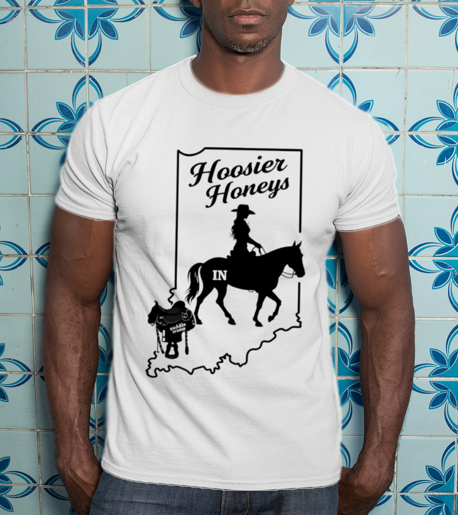 Hoosier Honeys Saddle Tramp Indiana State Map IN Horseback T-Shirt