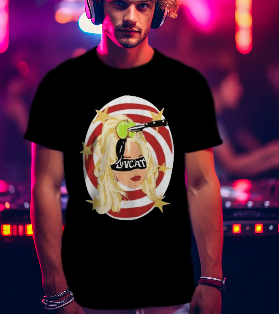 Luvcat Blonde Woman Bullseye Knife Apple Starburst T-Shirt
