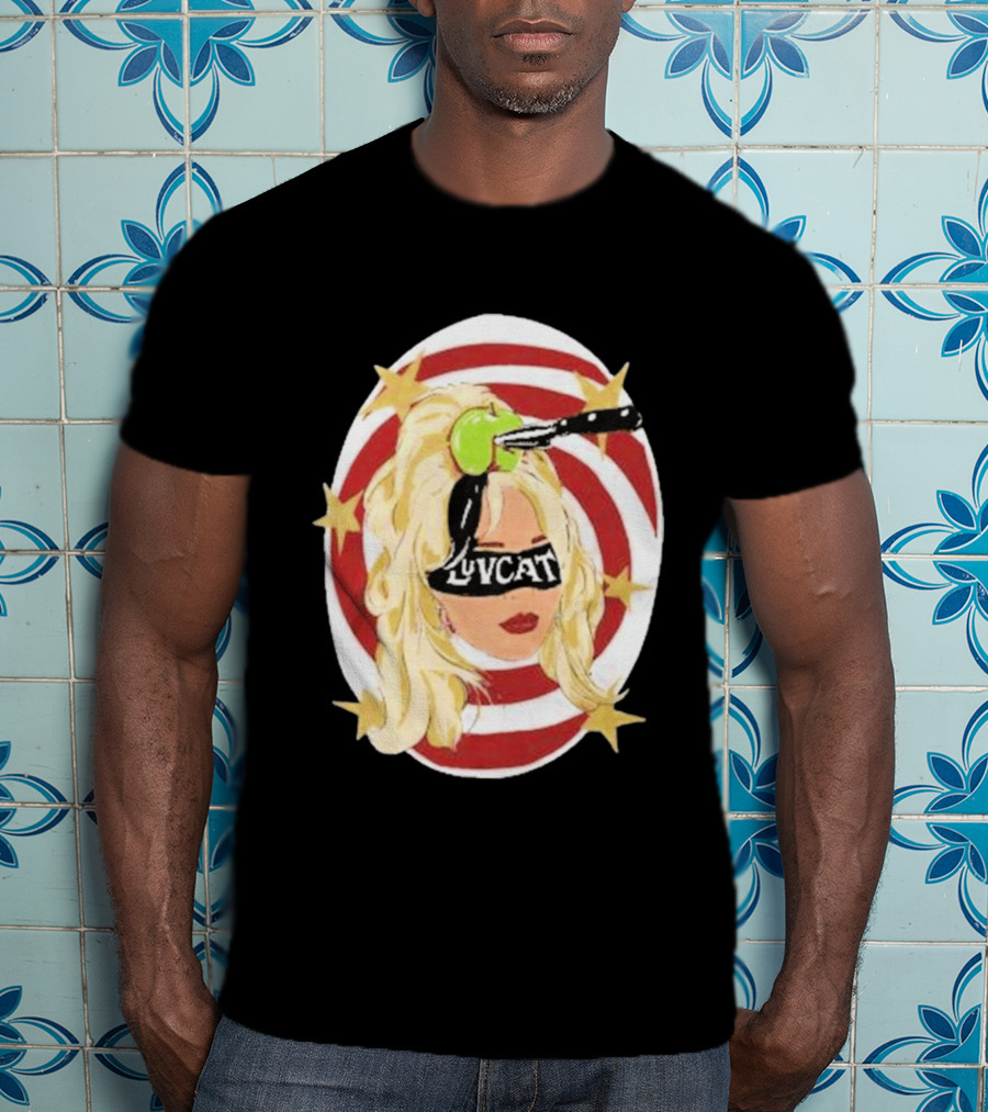 Luvcat Blonde Woman Bullseye Knife Apple Starburst T-Shirt