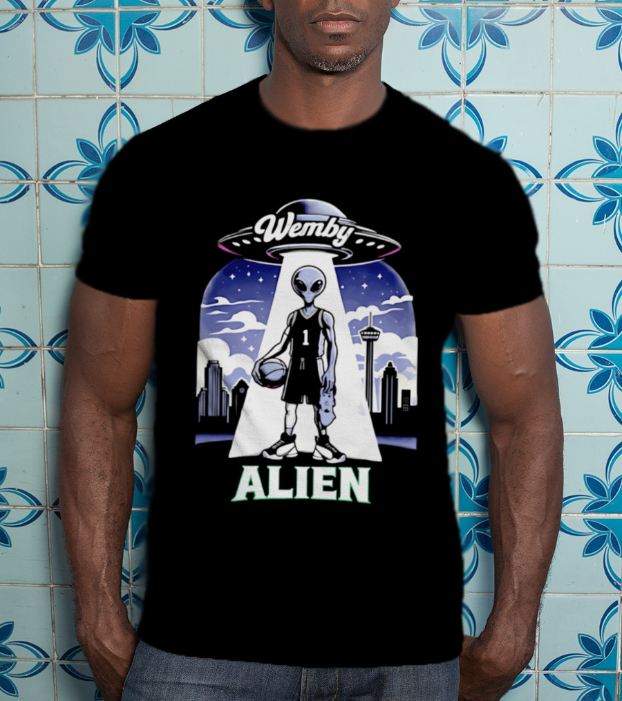Wemby Alien Basketball UFO Skyline T-Shirt