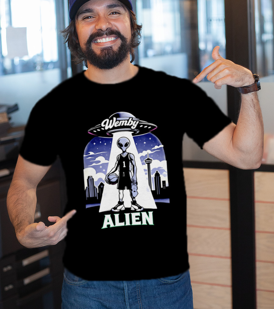 Wemby Alien Basketball UFO Skyline T-Shirt