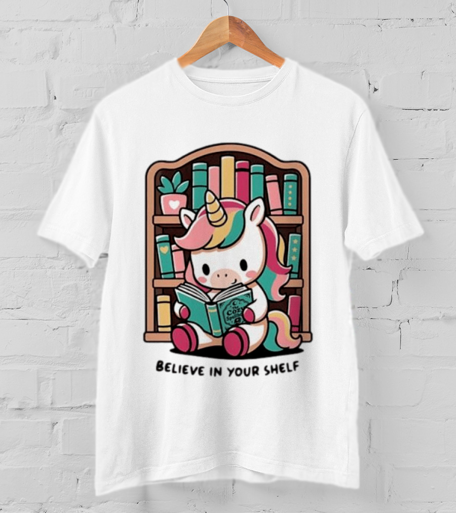 Unicorn Reading Believe In Your Shelf Bookshelf Magic T-Shirt