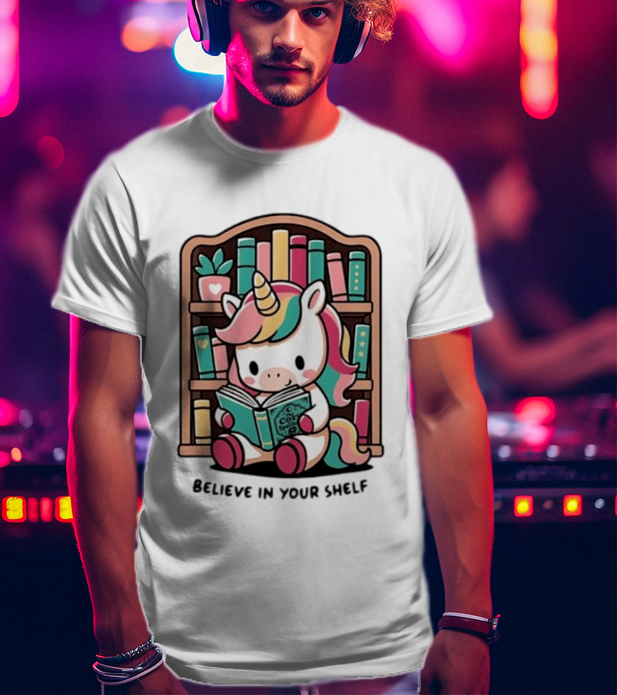 Unicorn Reading Believe In Your Shelf Bookshelf Magic T-Shirt