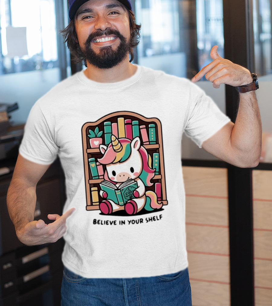 Unicorn Reading Believe In Your Shelf Bookshelf Magic T-Shirt