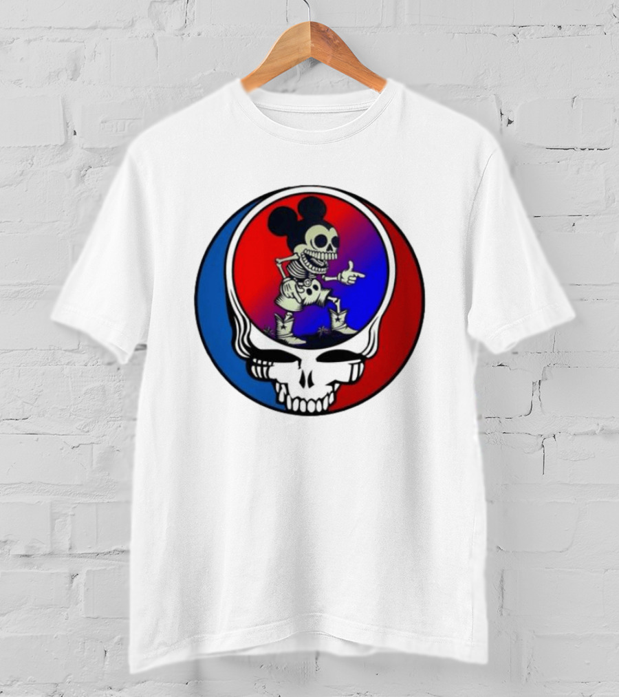 Mickey Mouse Skeleton With Grateful Dead Skull And Roses T-Shirt