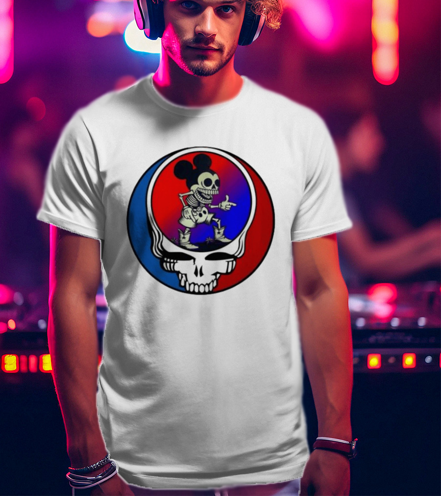 Mickey Mouse Skeleton With Grateful Dead Skull And Roses T-Shirt