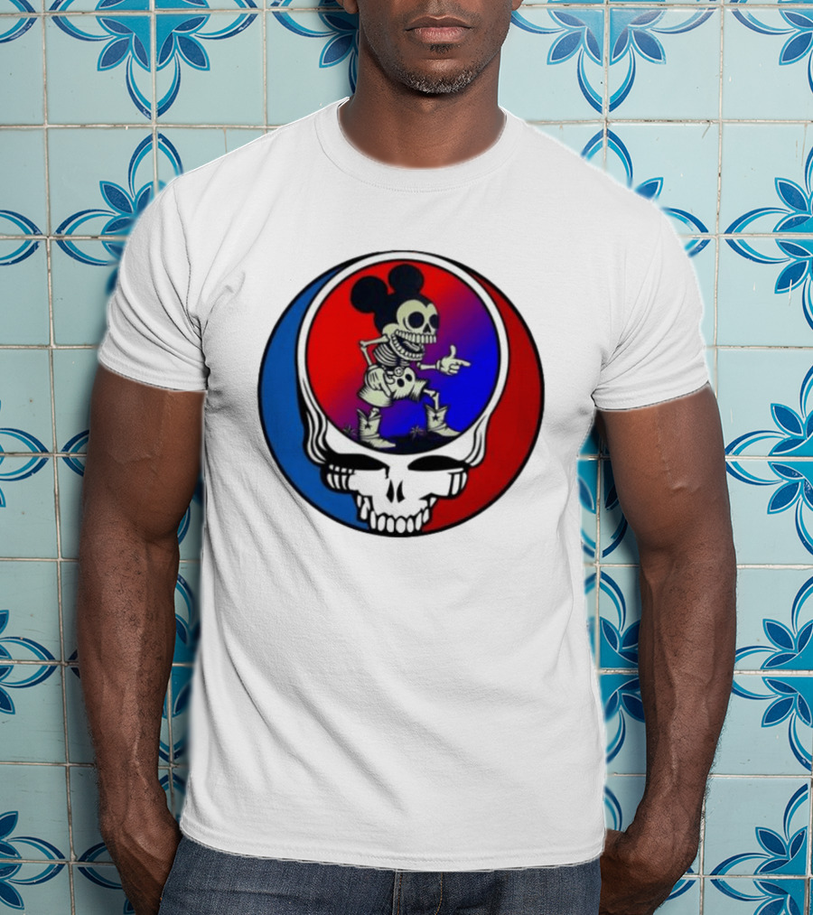 Mickey Mouse Skeleton With Grateful Dead Skull And Roses T-Shirt