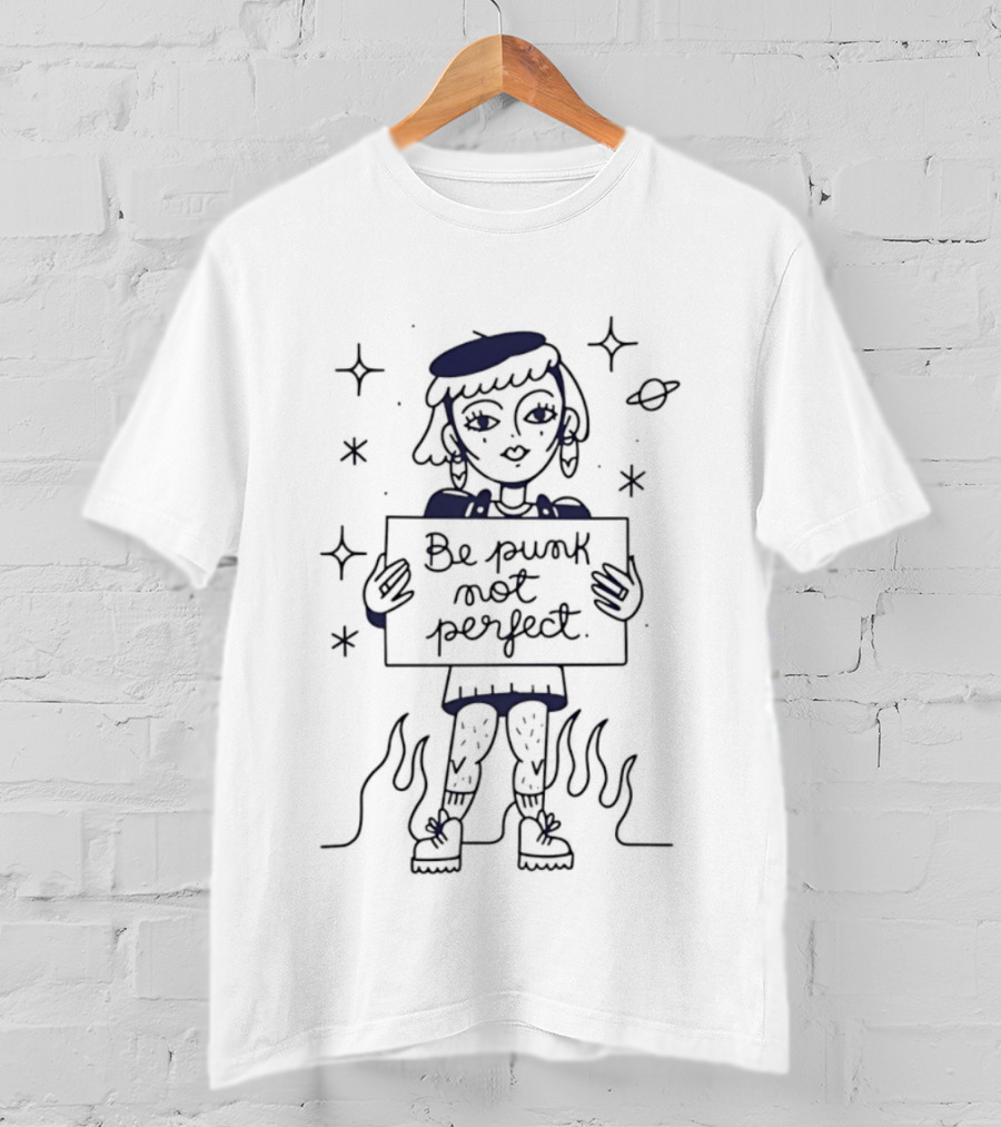 Be Purk Not Perfect Artistic Character Holding Sign With Stars And Flames T-Shirt
