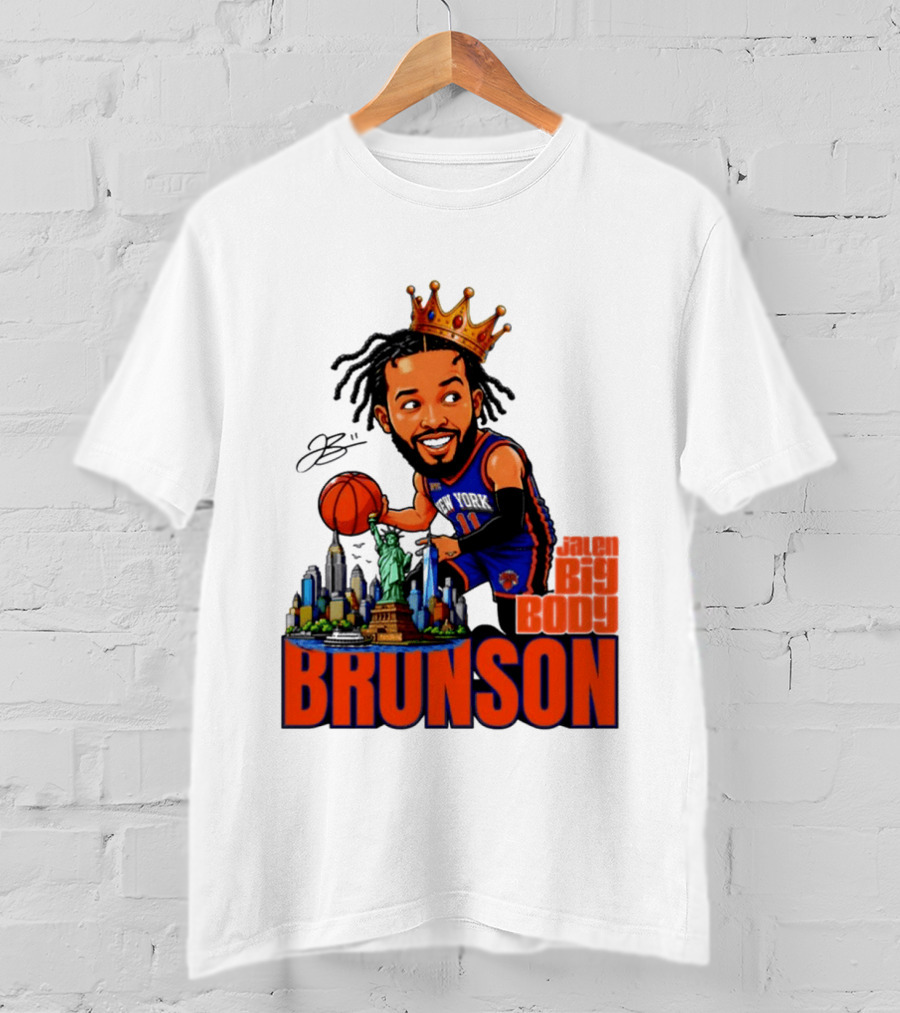 Jalen Brunson King Of NY Caricature With Statue Of Liberty And New York Skyline T-Shirt