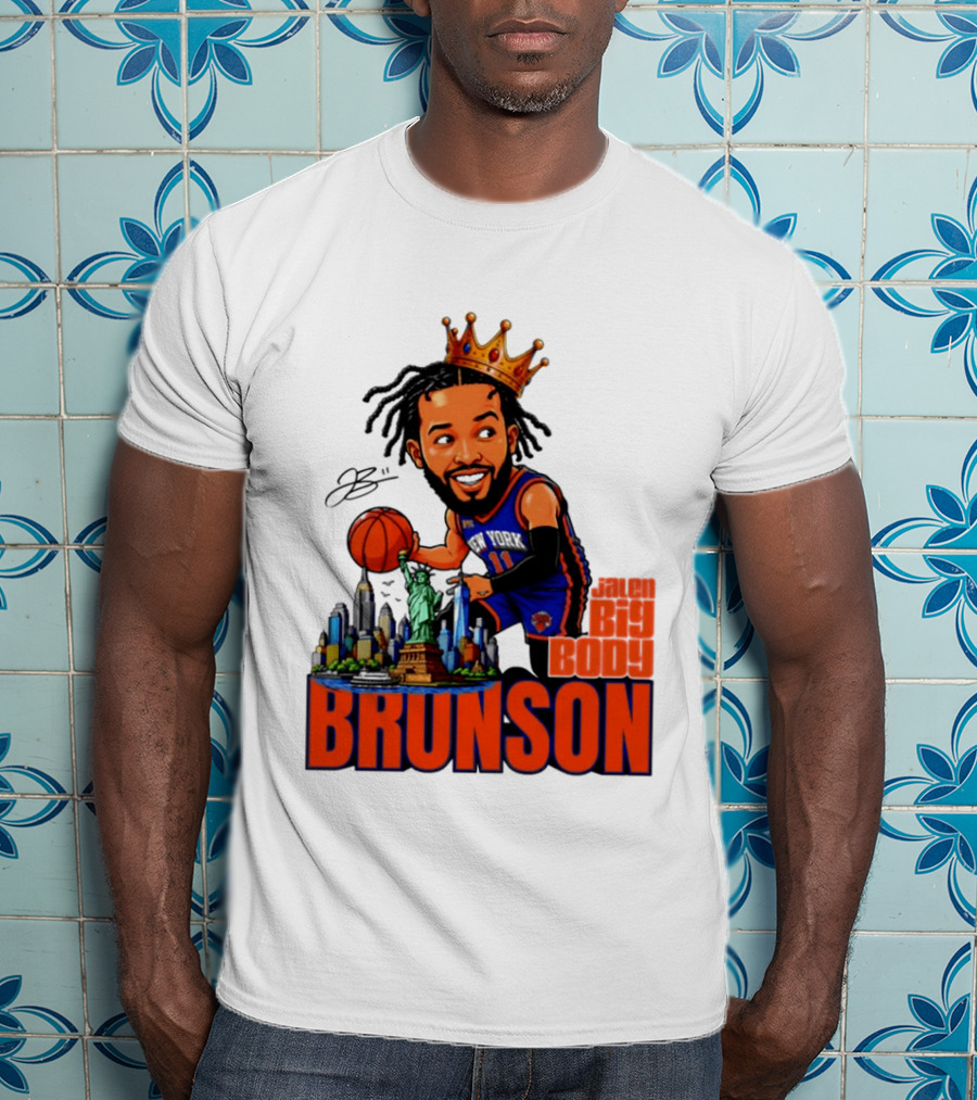Jalen Brunson King Of NY Caricature With Statue Of Liberty And New York Skyline T-Shirt