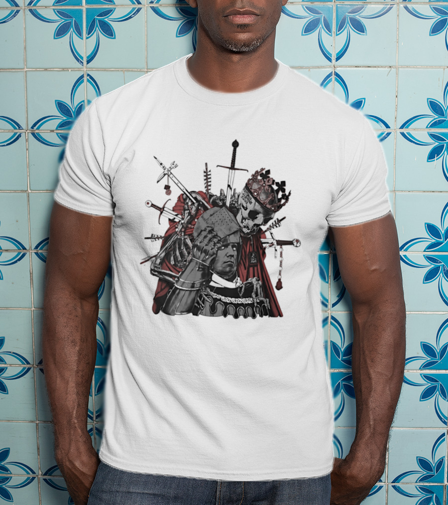 Memento Mori Skeleton King With Medieval Crown Swords And Halberd T-Shirt