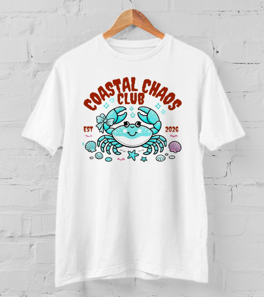 Coastal Chaos Club Est 2026 Smiling Crab Seashells Starfish Bow T-Shirt