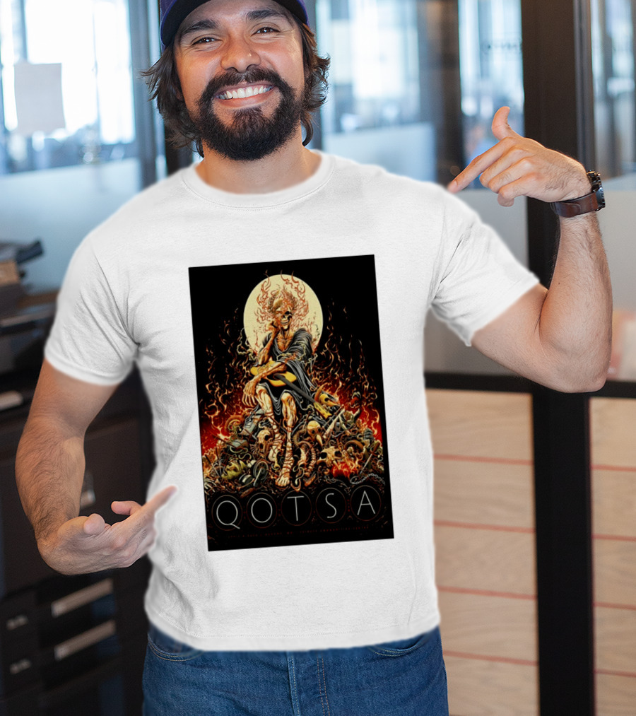 QOTSA April 8 2024 Calgary Communities Centre Flaming Skeleton Throne T-Shirt