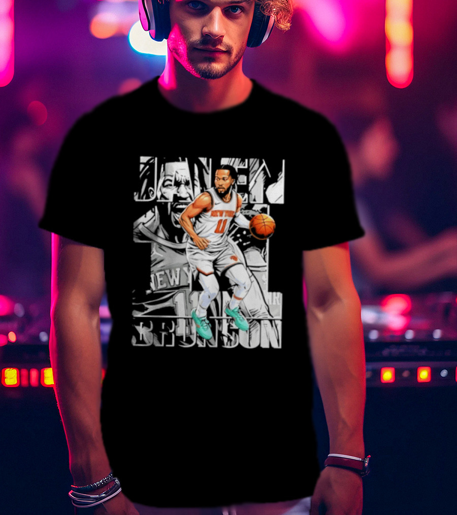 Jalen Brunson New York Number 11 Basketball Player Dribbling Action T-Shirt