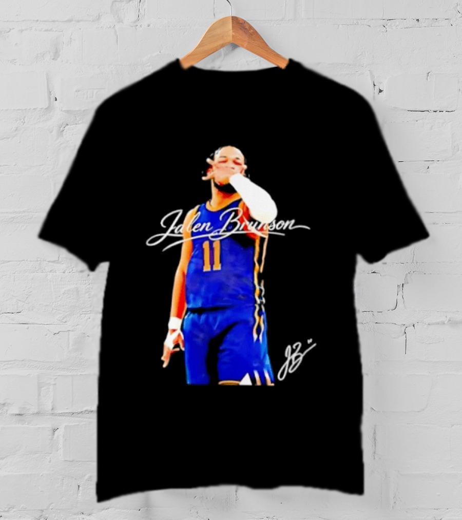 Jalen Brunson 11 Signature Gesture Basketball Blue Uniform T-Shirt
