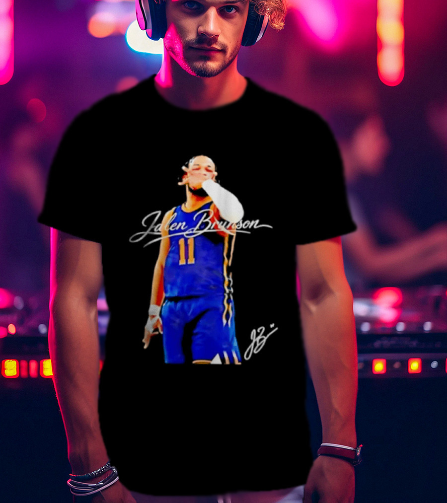 Jalen Brunson 11 Signature Gesture Basketball Blue Uniform T-Shirt