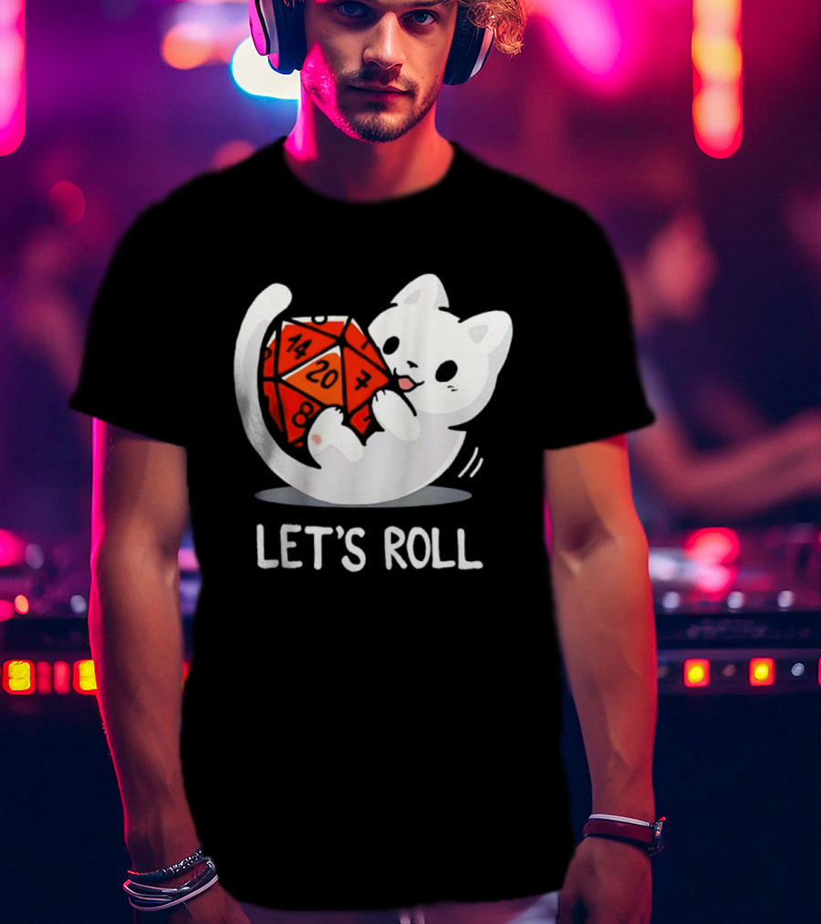 Let's Roll Cat Holding 20 Sided Die Dungeons And Dragons T-Shirt