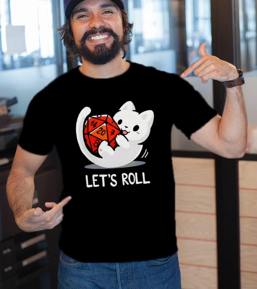 Let's Roll Cat Holding 20 Sided Die Dungeons And Dragons T-Shirt