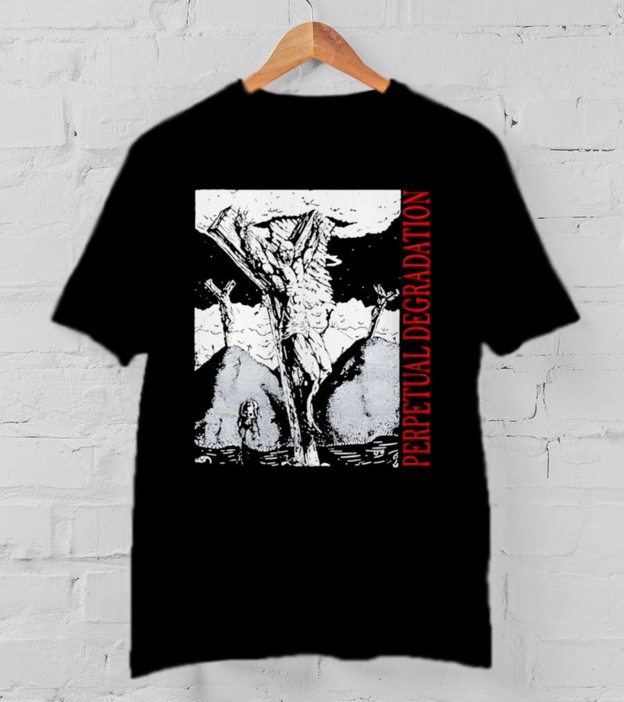 Perpetual Degradation Monster Crucifixion Skull Mountains Clouds T-Shirt