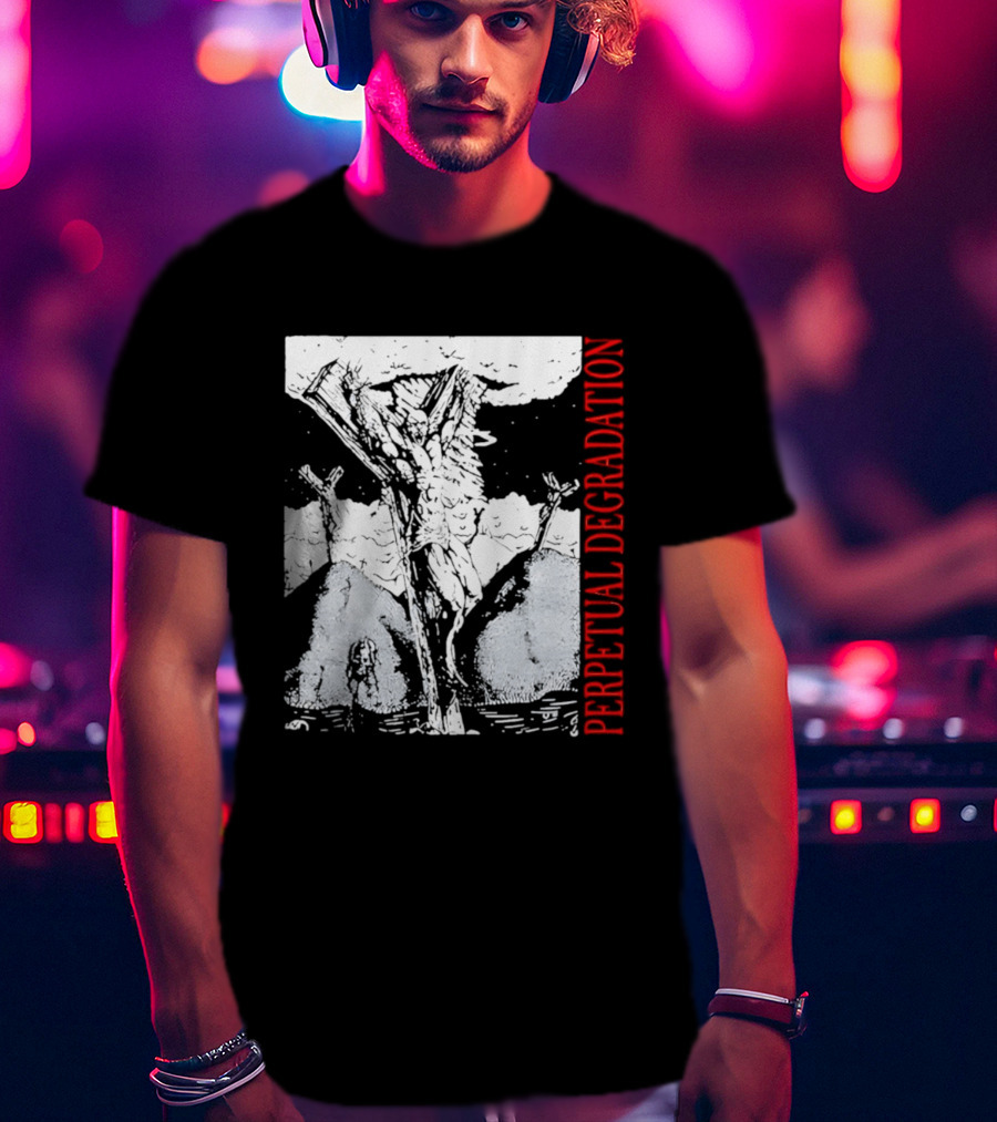 Perpetual Degradation Monster Crucifixion Skull Mountains Clouds T-Shirt