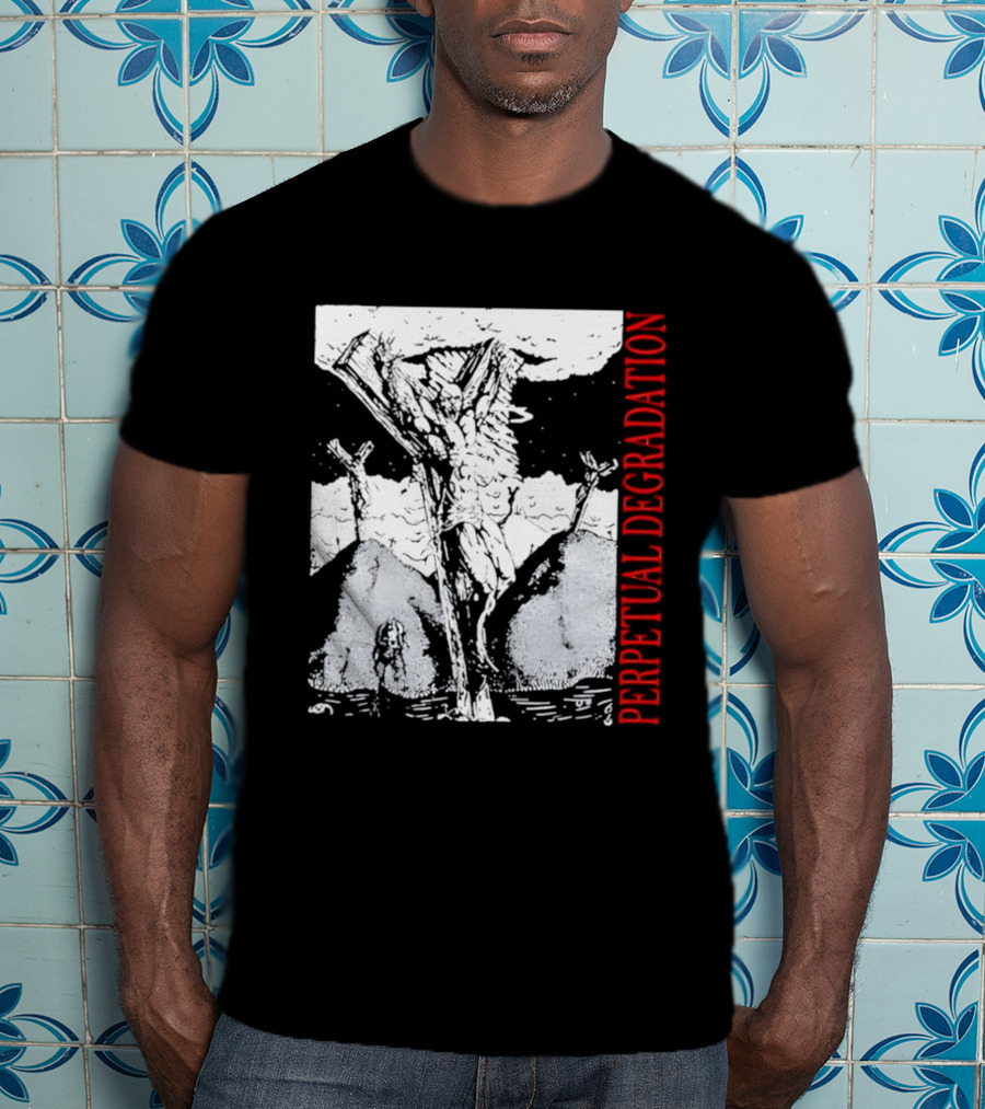Perpetual Degradation Monster Crucifixion Skull Mountains Clouds T-Shirt